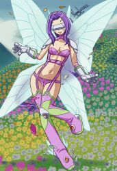 Rule 34 | 1girl, arm warmers, belt, bikini, blue sky, boots, breasts, butterfly hair ornament, butterfly wings, cleavage, cloud, collarbone, commentary, covered eyes, day, digimon, digimon (creature), elbow gloves, english commentary, facial mark, fairimon, falling petals, field, flower, flower field, full body, garter straps, gloves, grey gloves, groin, hair ornament, hairband, head-mounted display, highres, insect wings, long hair, medium breasts, nanaeljustice, navel, outdoors, parted bangs, parted lips, petals, pink garter straps, purple belt, purple bikini, purple footwear, purple hair, purple hairband, shoulder pads, signature, sky, smile, solo, standing, standing on one leg, stomach, swimsuit, thigh boots, very long hair, wings