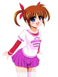 Rule 34 | 1girl, brown hair, casual, commentary, cowboy shot, hair ribbon, layered sleeves, long sleeves, looking at viewer, lyrical nanoha, mahou shoujo lyrical nanoha, miniskirt, open mouth, pleated skirt, purple eyes, purple skirt, red ribbon, red shirt, ribbon, shirt, short hair, short over long sleeves, short sleeves, simple background, skirt, smile, solo, standing, t-shirt, takamachi nanoha, thighhighs, twintails, white background, white shirt, white thighhighs, yaeba