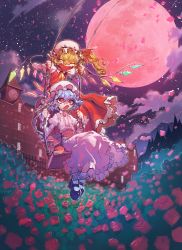 Rule 34 | 2girls, :o, artist name, ascot, bad id, bad pixiv id, black footwear, blonde hair, brooch, clock, closed eyes, crystal, dress, fang, flandre scarlet, flower, frilled dress, frilled sleeves, frills, full moon, hat, hat ribbon, jewelry, kazeto, light purple hair, looking up, mary janes, mob cap, moon, multiple girls, night, no wings, open mouth, petals, pink dress, pink hat, pointy ears, puffy short sleeves, puffy sleeves, red eyes, red flower, red footwear, red moon, red ribbon, red rose, red skirt, red vest, remilia scarlet, ribbon, rose, sash, scarlet devil mansion, shirt, shoes, short hair, short sleeves, siblings, side ponytail, sisters, sitting, skirt, skirt set, socks, standing on swing, swing, touhou, vest, white legwear, white shirt, wings, wrist cuffs, yellow ascot