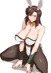 Rule 34 | 1girl, animal ears, bare shoulders, blush, bow, bowtie, breasts, brown eyes, brown hair, cleavage, detached collar, gundam, gundam seed, huge breasts, large breasts, leotard, long hair, looking at viewer, miga (migao), murrue ramius, pantyhose, playboy bunny, rabbit ears, rabbit tail, sagging breasts, sketch, solo, squatting, tail, white background