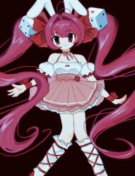 Rule 34 | 1girl, animal ears, bare shoulders, blush, bow, choker, closed mouth, di gi charat, dice hair ornament, dress, hair bow, hair intakes, hair ornament, heart, highres, long hair, looking at viewer, pepeppepe101, pink hair, rabbit ears, red bow, red eyes, ribbon, simple background, smile, solo, twintails, usada hikaru, very long hair