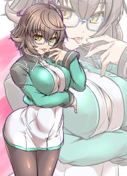 Rule 34 | 1girl, ahoge, akatsuki shimeji, arm under breasts, blue-framed eyewear, blush, breasts, brown hair, bursting breasts, closed mouth, cropped jacket, dress, fate/grand order, fate (series), glasses, green jacket, hair between eyes, jacket, large breasts, long sleeves, looking at viewer, mable macintosh, open clothes, open jacket, pantyhose, saliva, short dress, short hair, smile, solo, thighs, tongue, tongue out, white dress, yellow eyes