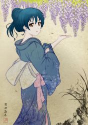 Rule 34 | 1girl, arm up, blue hair, blush, commentary request, floral print, flower, from behind, hair between eyes, hair bun, highres, japanese clothes, kanato (aquariumest), kimono, lipstick, long hair, looking at viewer, looking back, love live!, love live! school idol project, makeup, print kimono, single hair bun, solo, sonoda umi, standing, wide sleeves, yellow eyes