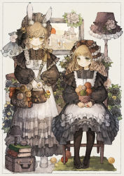 Rule 34 | 2girls, absurdres, animal ears, apron, bag, baiguiyu, black dress, black pantyhose, blonde hair, book, book stack, border, box, buttons, carpet, chair, closed mouth, curly hair, drawing (object), dress, expressionless, fake animal ears, flats, flower, frilled apron, frilled dress, frills, green eyes, handbag, headdress, highres, holding, holding bag, lamp, long sleeves, looking at viewer, multiple girls, original, pantyhose, puffy long sleeves, puffy sleeves, rabbit ears, rose, sitting, standing, strap, white apron, white background, wool, yellow eyes