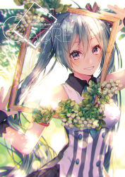 Rule 34 | 1girl, bare shoulders, black ribbon, black skirt, blue necktie, blurry, blurry background, blush, breasts, brown eyes, collared shirt, commentary request, copyright name, cover, cover page, depth of field, food, fruit, grapes, green hair, hair between eyes, hair ribbon, hatsune miku, long hair, looking at viewer, necktie, parted lips, picture frame, pleated skirt, ribbon, shiomizu (swat), shirt, short necktie, skirt, sleeveless, sleeveless shirt, small breasts, solo, striped ribbon, twintails, vertical stripes, very long hair, vocaloid, white shirt