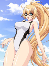 Rule 34 | 1girl, abu, black-framed eyewear, blonde hair, blue eyes, blue sky, breasts, cloud, commentary request, competition swimsuit, cowboy shot, day, fate/apocrypha, fate/grand order, fate (series), glasses, highleg, highleg swimsuit, highres, jeanne d&#039;arc (fate), jeanne d&#039;arc (ruler) (fate), jeanne d&#039;arc (swimsuit archer) (fate), jeanne d&#039;arc (swimsuit archer) (second ascension) (fate), large breasts, long hair, looking at viewer, one-piece swimsuit, ponytail, sky, solo, standing, swimsuit, white one-piece swimsuit