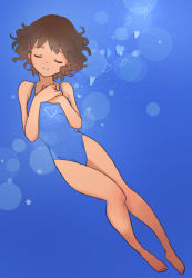 Rule 34 | 1girl, @@@, bad id, bad pixiv id, bare legs, barefoot, brown hair, competition swimsuit, closed eyes, head tilt, ikoma minami, kami nomi zo shiru sekai, legs, one-piece swimsuit, own hands together, short hair, smile, solo, swimsuit