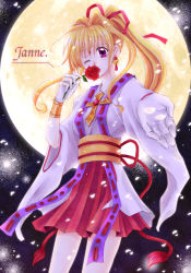 Rule 34 | 1990s (style), artist request, bad id, bad pixiv id, blonde hair, bracelet, chisa, cross, earrings, flower, full moon, gloves, holding, jewelry, kaitou jeanne, kamikaze kaitou jeanne, kusakabe maron, long hair, moon, obi, one eye closed, outstretched arm, outstretched hand, petals, ponytail, purple eyes, ranguage, retro artstyle, rose, sash, skirt, solo, wide sleeves, wink