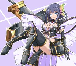 Rule 34 | 1girl, :d, armor, arms at sides, awakening (sennen sensou aigis), bed sheet, black footwear, black gloves, black jacket, black skirt, black thighhighs, blue hair, blunt bangs, blush, boots, breasts, butterfly hair ornament, cleavage, corset, eyebrows, full body, gauntlets, gloves, greaves, hair ornament, head tilt, jacket, knee boots, legs up, loincloth, long hair, looking at viewer, midriff, niwaka (ange), open clothes, open jacket, open mouth, raven (sennen sensou aigis), sennen sensou aigis, sheath, short sleeves, simple background, sitting, skirt, smile, solo, sword, thighhighs, thighs, tsurime, two-tone background, weapon, zettai ryouiki