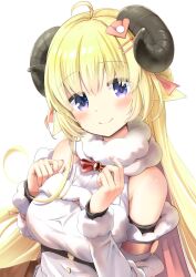 Rule 34 | 1girl, absurdres, ahoge, animal ears, black shorts, blonde hair, blush, bow, bowtie, braid, breasts, brooch, cape, closed mouth, commentary request, detached sleeves, dress, empire waist, fingernails, fur-trimmed cape, fur-trimmed sleeves, fur trim, hair ornament, hairclip, half updo, highres, hololive, horns, jewelry, long hair, looking at viewer, medium breasts, n2midori, pink cape, purple eyes, red bow, red bowtie, sheep ears, sheep girl, sheep horns, shorts, simple background, smile, solo, taut clothes, taut dress, tsunomaki watame, tsunomaki watame (1st costume), underbust, upper body, very long hair, virtual youtuber, white background, white dress