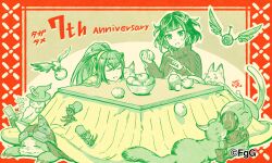 2girls cat closed_eyes drone evelika_(ta_ga_tame_no_alchemist) food fruit goggles goggles_on_head green_scales hat hazel_(ta_ga_tame_no_alchemist) highres holding holding_food holding_fruit indoors kotatsu mandarin_orange medium_hair multiple_girls nakatsun_(gumi) official_art open_mouth robot second-party_source signature simple_background sitting stuffed_animal stuffed_toy sweatdrop ta_ga_tame_no_alchemist table witch_hat