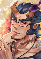 1boy, abs, absurdres, bara, beard, black-framed eyewear, broken horn, chocolate, chocolate on body, chocolate on fingers, collarbone, dark blue hair, dark skin, dark skinned male, demon boy, demon horns, face, facial hair, fang, feeding, fiery horns, finger licking, food on body, glasses, highres, horns, kageru (mofnyan), large pectorals, licking, long sideburns, looking at viewer, male cleavage, male focus, mature male, muscular, muscular male, naughty face, navel, nipples, portrait, pov, red eyes, scar on neck, sexually suggestive, short hair, sideburns, solo focus, stomach, stubble, takemaru (tokyo houkago summoners), textless, thick eyebrows, tokyo houkago summoners, tongue, tongue out