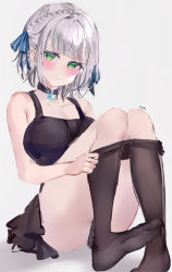 Rule 34 | 1girl, :/, absurdres, black choker, black dress, blue ribbon, blush, braid, breasts, choker, cleavage, closed mouth, clothes pull, crown braid, dress, green eyes, grey hair, hair ribbon, highres, hololive, large breasts, looking at viewer, mile (off8mile), pantyhose, pantyhose pull, ribbon, shirogane noel, shirogane noel (casual), short dress, simple background, solo, undressing, virtual youtuber, white background