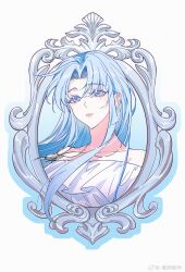 Rule 34 | 1girl, ancient ys vanished, blue eyes, blue hair, curtained hair, eien galaxy ko, feena (ys), floating hair, highres, jewelry, long hair, necklace, picture frame, portrait, sidelocks, simple background, solo, upper body, white background, ys