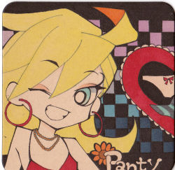 Rule 34 | 10s, 1girl, blonde hair, blue eyes, earrings, grin, jewelry, long hair, marker (medium), mosho, necklace, no nose, official style, one eye closed, panty &amp; stocking with garterbelt, panty (psg), smile, solo, traditional media, wink