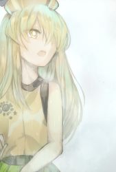 Rule 34 | 1girl, adapted costume, blonde hair, commentary request, green skirt, grey background, hair over one eye, hat, highres, huang li ling, long hair, looking up, matara okina, open mouth, rain, shirt, skirt, sleeveless, sleeveless shirt, solo, touhou, upper body, wet, yellow eyes, yellow shirt