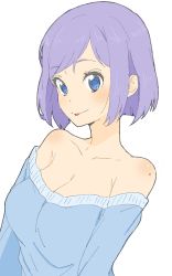 Rule 34 | 1girl, :p, absurdres, bad id, bad twitter id, bare shoulders, blue eyes, blue sweater, blush, breasts, cleavage, closed mouth, donguri suzume, highres, large breasts, long sleeves, looking at viewer, mole, mole on shoulder, purple hair, short hair, simple background, solo, sweater, sweater vest, tongue, tongue out, upper body, white background