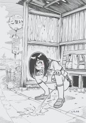Rule 34 | bag, bar censor, bench, black hair, blush, bus stop, censored, cloud, day, facing viewer, full body, hands on own knees, highres, jakuaka, loafers, looking at viewer, medium hair, monochrome, open mouth, original, outdoors, panties, panty pull, pee, peeing, pubic hair, public indecency, puddle, pussy, school bag, school uniform, serafuku, shoes, socks, spot color, squatting, underwear