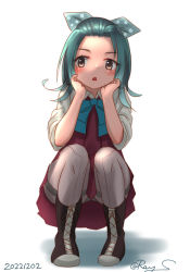 Rule 34 | 1girl, aqua bow, artist name, blue bow, blue bowtie, boots, bow, bowtie, commentary request, cross-laced footwear, dress, facing viewer, forehead, gradient hair, green hair, grey pantyhose, hair ribbon, half updo, halter dress, halterneck, kantai collection, lace-up boots, medium hair, multicolored hair, one-hour drawing challenge, panties, panties under pantyhose, pantyhose, pleated dress, polka dot, polka dot ribbon, purple dress, ray.s, ribbon, shirt, sideways glance, simple background, sleeves rolled up, solo, squatting, suzunami (kancolle), thighband pantyhose, underwear, white background, white hair, white ribbon, white shirt