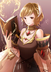 Rule 34 | 1girl, bare shoulders, blonde hair, blush, book, breasts, brown dress, citrinne (fire emblem), cleavage, collarbone, commentary request, dress, earrings, electricity, fire emblem, fire emblem engage, grey background, hand up, highres, holding, holding book, jewelry, looking at viewer, medium breasts, neck ring, nintendo, red eyes, short hair, smile, solo, swept bangs, upper body, wing hair ornament, yutohiroya