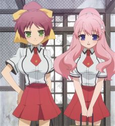 Rule 34 | 2girls, baka to test to shoukanjuu, highres, himeji mizuki, long hair, multiple girls, pink hair, school uniform, screencap, shimada minami, smile
