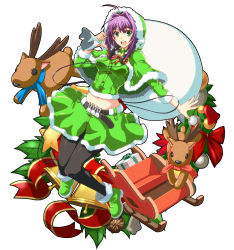 Rule 34 | 1girl, :d, absurdres, ahoge, bag, bell, belt, black pantyhose, boots, capelet, christmas, green eyes, green nails, headphones, headphones around neck, highres, looking at viewer, midriff, nail polish, navel, open mouth, original, pantyhose, purple hair, reindeer, sack, santa boots, santa costume, shike naoto, sled, smile, solo, star (symbol), stuffed animal, stuffed toy