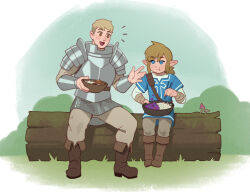 Rule 34 | 2boys, :d, armor, blonde hair, boots, bowl, brown eyes, brown footwear, brown hair, brown pants, chopsticks, commentary, crossover, dungeon meshi, english commentary, grey pants, highres, holding, holding bowl, holding chopsticks, laios touden, link, male focus, multiple boys, mushroom, nintendo, open mouth, pants, pointy ears, riz, short hair, sitting, sitting on log, smile, the legend of zelda, the legend of zelda: breath of the wild
