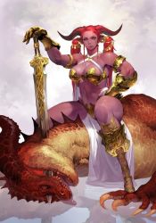 Rule 34 | 1girl, armor, bikini, bikini armor, breasts, colored skin, death, dragon, female focus, gauntlets, gold, gradient background, hand on hilt, horns, large breasts, navel, original, pink skin, red hair, sitting, sitting on person, solo, stab, swimsuit, sword, takayama toshiaki, twintails, weapon