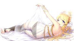 Rule 34 | 1girl, armpits, ass, azur lane, bare shoulders, black panties, black thighhighs, blonde hair, blue eyes, blush, breasts, bridal legwear, butt crack, chain, dimples of venus, dress, feet, hair spread out, highres, laurel crown, long hair, looking at viewer, looking back, lying, multicolored hair, no shoes, on side, open mouth, panties, ribbon, see-through, shenhai (2556146833), simple background, skirt hold, sleeveless, sleeveless dress, soles, solo, stirrup legwear, thighhighs, toeless legwear, toes, two-tone hair, underwear, veil, victorious (azur lane), white background, white dress, wrist ribbon