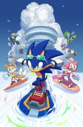 Rule 34 | 4boys, 5girls, absurdres, amy rose, beak, blue eyes, blue sky, cloud, digimin, fox boy, gloves, green eyes, highres, hoverboard, jet the hawk, lanolin the sheep, multiple boys, multiple girls, multiple tails, official art, open mouth, shoes, sky, smile, sonic (series), sonic riders, sonic the hedgehog, sonic the hedgehog (idw), storm the albatross, tail, tails (sonic), tangle the lemur, two tails, wave the swallow, whisper the wolf, white gloves