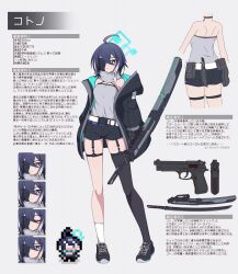 Rule 34 | 1girl, bare shoulders, belt, beretta 92, black footwear, black gloves, black jacket, black shorts, black thighhighs, blue eyes, blue hair, breasts, buckle, camisole, character profile, commentary request, den noko, eyepatch, gloves, grey background, grey camisole, gun, hair between eyes, halo, handgun, highres, holding, holding weapon, jacket, long sleeves, multicolored hair, multiple views, open clothes, open jacket, original, pixelated, puffy long sleeves, puffy sleeves, rectangular halo, shoes, short shorts, shorts, simple background, single sock, single thighhigh, small breasts, snap-fit buckle, socks, streaked hair, thighhighs, translation request, weapon, white belt, white hair, white socks