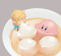 Rule 34 | 1boy, 1other, blonde hair, chibi, earrings, eating, food, gloves, jewelry, kirby, kirby (series), link, long hair, natsuyon, nintendo, open mouth, pointy ears, simple background, smile, soup, super smash bros., the legend of zelda, the legend of zelda: breath of the wild