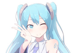 Rule 34 | 1girl, ;), abmayo, bare shoulders, blue eyes, blue hair, blush, eyebrows, hatsune miku, looking at viewer, matching hair/eyes, one eye closed, simple background, smile, solo, twintails, upper body, v, vocaloid, white background