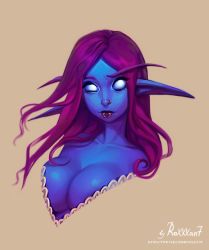 Rule 34 | 1girl, blue sclera, blue skin, breasts, closed mouth, colored sclera, colored skin, dark elf, elf, grey background, highres, large breasts, lip ring, long hair, long pointy ears, looking at viewer, nose piercing, nose ring, piercing, pointy ears, purple hair, roxxxan, signature, simple background, solo, upper body, warcraft, white eyes, world of warcraft