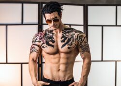 Rule 34 | 1boy, abs, arm tattoo, black hair, black pants, chest tattoo, closed mouth, cosplay photo, facial hair, facing viewer, forked eyebrows, goatee, gokushufudou, hair slicked back, hand in pocket, head tilt, highres, male focus, muscular, muscular male, mustache, navel, nipples, pants, pectorals, photo (medium), scar, scar across eye, short hair, solo, sunglasses, taryn cosplay, tatsu (gokushufudou), tattoo, topless male, upper body, veiny crotch, wall