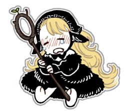 Rule 34 | 1girl, ambrosia (dungeon meshi), asymmetrical bangs, bare shoulders, barefoot, black dress, black hood, blonde hair, blush, chibi, crying, detached hood, detached sleeves, dress, dungeon meshi, ear covers, elf, full body, holding, holding staff, hood, hood up, long hair, lowres, maaa 0211, marcille donato, official alternate costume, outline, pointy ears, sad, sitting, solo, spoilers, sprout, staff, transparent background, very long hair, white outline