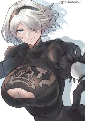 Rule 34 | 1girl, 2b (nier:automata), blue eyes, breasts, chikoinochi, cleavage, cleavage cutout, clothing cutout, female focus, gloves, hair over one eye, highres, huge breasts, looking at viewer, mole, mole under mouth, nier:automata, nier (series), short hair, solo, upper body, white hair