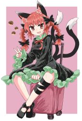 Rule 34 | 1girl, animal ears, black bow, black dress, black footwear, black legwear, black tail, border, bow, braid, breasts, cat ears, cat tail, chups, dress, extra ears, fang, fingernails, food, footwear bow, frilled dress, frilled sleeves, frills, full body, hair bow, highres, kaenbyou rin, long fingernails, long sleeves, looking at viewer, medium hair, multiple tails, nail polish, nekomata, open mouth, pink background, red eyes, red hair, red nails, red neckwear, shoes, simple background, sitting, smile, solo, suitcase, tail, touhou, twin braids, two tails, v, white border, wide sleeves