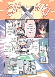 Rule 34 | 2girls, aged down, alternate language, apron, azur lane, black hair, blue eyes, comic, commander (azur lane), commentary, cube, depth charge, dress, english commentary, english text, hair ribbon, hammann (azur lane), hm (hmongt), i-168 (azur lane), maid, maid apron, maid headdress, multiple girls, on one knee, red eyes, ribbon, silhouette, silver hair, star wars, star wars: revenge of the sith, symbol-shaped pupils, twintails, v-shaped eyebrows, wristband