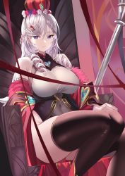 Rule 34 | 1girl, absurdres, algerie (azur lane), algerie (red queen&#039;s decree) (azur lane), azur lane, blush, breasts, drill hair, flower, fur trim, gloves, highres, large breasts, leotard, long hair, looking at viewer, mole, mole under eye, off shoulder, official alternate costume, purple eyes, scepter, sitting, smile, solo, thick thighs, thighs, throne, tnr (horiko1525)