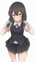 Rule 34 | 1girl, alternate hairstyle, black hair, black skirt, black vest, blouse, blue ribbon, cowboy shot, gloves, hair ornament, hairclip, highres, kantai collection, looking at viewer, low twintails, neck ribbon, oyashio (kancolle), pleated skirt, ribbon, shirt, short sleeves, simple background, skirt, solo, twintails, vest, wasumi kei, white background, white shirt, white gloves, white shirt, yellow eyes