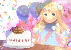Rule 34 | 1girl, balloon, bare shoulders, blonde hair, blue hair, blue shirt, blurry, blurry background, blush, cake, closed mouth, commentary request, commission, confetti, depth of field, drill hair, food, green eyes, hands up, happy birthday, indie virtual youtuber, jacket, kou hiyoyo, long hair, long sleeves, looking at viewer, multicolored hair, off shoulder, open clothes, open jacket, pink jacket, polka dot, polka dot shirt, puffy long sleeves, puffy sleeves, shirt, skeb commission, sleeveless, sleeveless shirt, smile, solo, streaked hair, twin drills, very long hair, virtual youtuber, wingberry