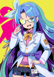 Rule 34 | 1girl, :d, asakura rikako, back bow, belt, black shorts, blue eyes, blue hair, bow, bowtie, coat, collared shirt, cowboy shot, fang, glasses, hair ribbon, hairband, hand on own hip, harakune (mugennero), id card, lab coat, long hair, long sleeves, mimi-chan, open mouth, parted bangs, pocket, purple hair, purple sash, purple shirt, ribbon, sash, shirt, shorts, simple background, smile, solo, touhou, touhou (pc-98), very long hair, waist bow, white coat, white hairband, white ribbon, yellow background, yellow belt, yellow bow, yellow bowtie