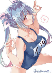 Rule 34 | 1girl, blue hair, blue one-piece swimsuit, blush, bow, breasts, character name, cleavage, closed mouth, ebifurya, flower-shaped pupils, from above, hair bow, heart, highres, i-19 (kancolle), kantai collection, large breasts, licking lips, long hair, looking at viewer, multicolored hair, ok sign, one-hour drawing challenge, one-piece swimsuit, pink bow, pink hair, red eyes, school swimsuit, simple background, smile, solo, spoken heart, star-shaped pupils, star (symbol), swimsuit, symbol-shaped pupils, tongue, tongue out, very long hair, white background