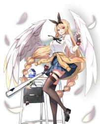 Rule 34 | 1girl, arm at side, artist request, bag, baseball bat, black gloves, black hairband, black ribbon, black thighhighs, blonde hair, blouse, bow hairband, bracelet, braid, breasts, briefcase, brown thighhighs, buttons, clothes around waist, collared shirt, desk, epic seven, feathered wings, feathers, fingerless gloves, foot out of frame, gloves, hairband, hand up, holding, holding baseball bat, jewelry, large breasts, legwear garter, loafers, long hair, looking at viewer, milk carton, neck ribbon, official art, open mouth, plaid, plaid skirt, pleated skirt, red eyes, ribbon, rose (epic seven), school bag, school briefcase, school desk, school uniform, shirt, shirt tucked in, shoes, sidelocks, skirt, sleeves rolled up, solo, spiked bracelet, spikes, sweater, sweater around waist, thighhighs, third-party source, transparent background, twintails, very long hair, white feathers, white shirt, white wings, wings