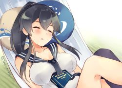 Rule 34 | 10s, 1girl, bare shoulders, black hair, blush, book, breasts, collarbone, commentary request, closed eyes, gloves, hair between eyes, hammock, ichinomiya (blantte), kantai collection, large breasts, long hair, lying, medium breasts, necktie, hugging object, on back, parted lips, pillow, ponytail, sailor collar, school uniform, serafuku, single thighhigh, sleeping, solo, thighhighs, twitter username, yahagi (kancolle)