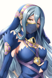 Rule 34 | 1girl, azura (fire emblem), bare shoulders, blue dress, blue gloves, blue hair, breasts, closed mouth, dress, elbow gloves, fingerless gloves, fire emblem, fire emblem fates, gloves, hair between eyes, hand on own stomach, jewelry, large breasts, long hair, looking at viewer, mouth veil, necklace, nintendo, see-through, simple background, sleeveless, sleeveless dress, smile, solo, ten (tenchan man), upper body, veil, very long hair, white background, yellow eyes