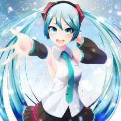 Rule 34 | 1girl, aqua eyes, aqua hair, detached sleeves, hatsune miku, headset, long hair, looking at viewer, necktie, nekobaka, open mouth, outstretched arm, skirt, sleeveless, solo, twintails, vocaloid