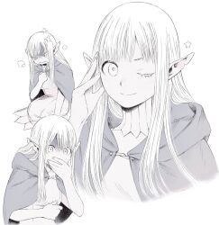 Rule 34 | 1girl, cloak, covering own mouth, dungeon meshi, elf, frs2, hand over own mouth, highres, long hair, multiple views, one eye closed, pointy ears