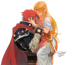 Rule 34 | 1boy, 1girl, ass grab, blonde hair, breasts, cape, carrying, circlet, dark-skinned male, dark skin, dated, dress, closed eyes, face between breasts, face to breasts, facing another, fingerless gloves, ganondorf, gloves, head between breasts, hetero, kiss, kissing forehead, long hair, long sleeves, muscular, muscular male, nintendo, oimobugs, pointy ears, princess zelda, red cape, red eyes, red hair, sideburns, simple background, spiked hair, super smash bros., the legend of zelda, the legend of zelda: a link between worlds, the legend of zelda: ocarina of time, very long hair, white background